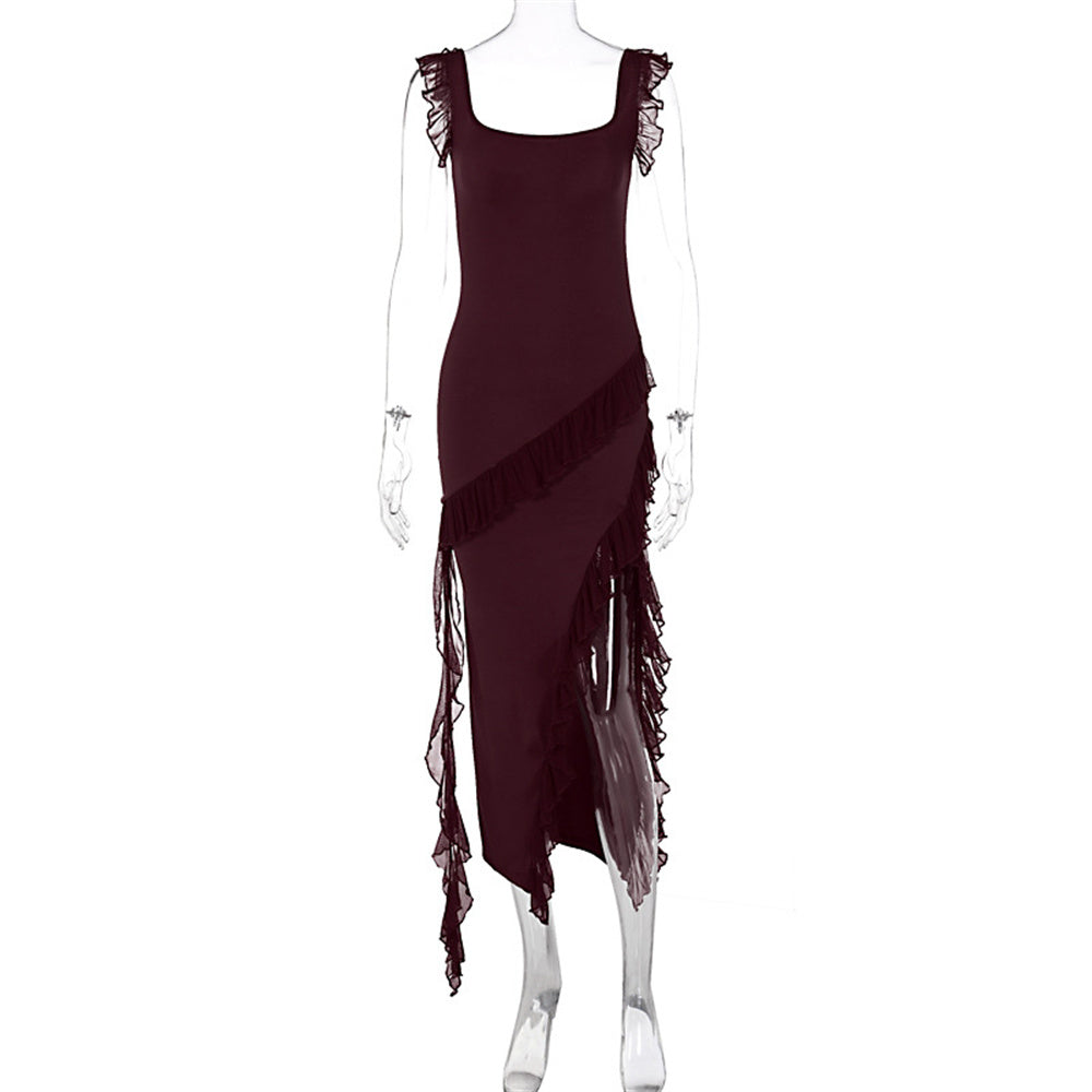 Sexy Ruffle Slit Maxi Dress – Spaghetti Strap Backless Party Dress