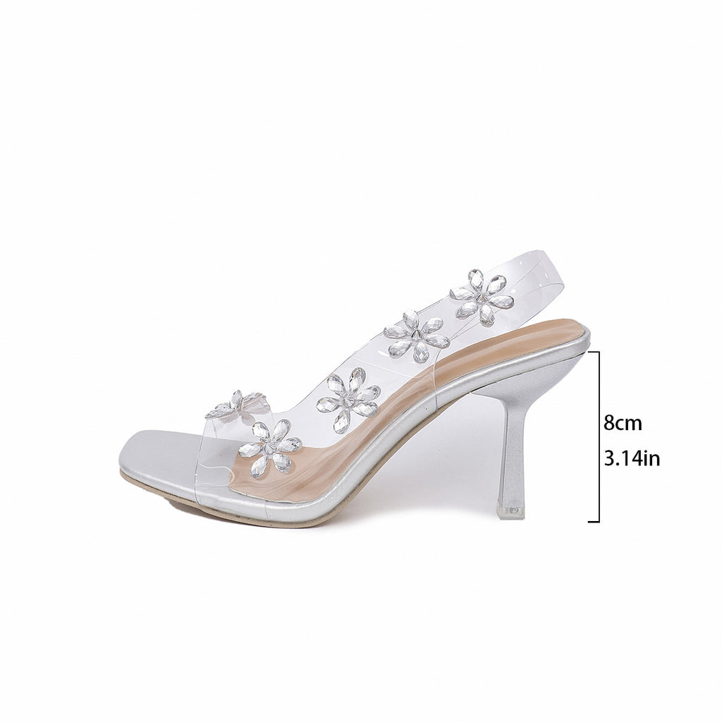 Women's Transparent PVC Slingback Heels - Rhinestone Flower Square Toe High Heels Sexy Summer Pumps