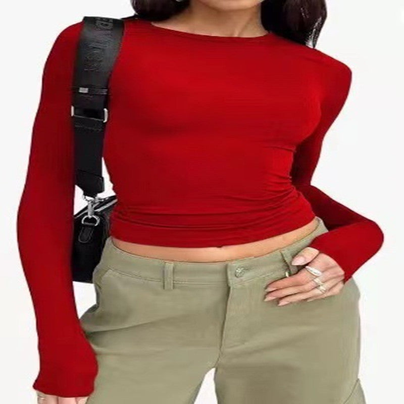 Women's Slim Fit Long Sleeve Pullover Tops - Solid Color Casual Shirt
