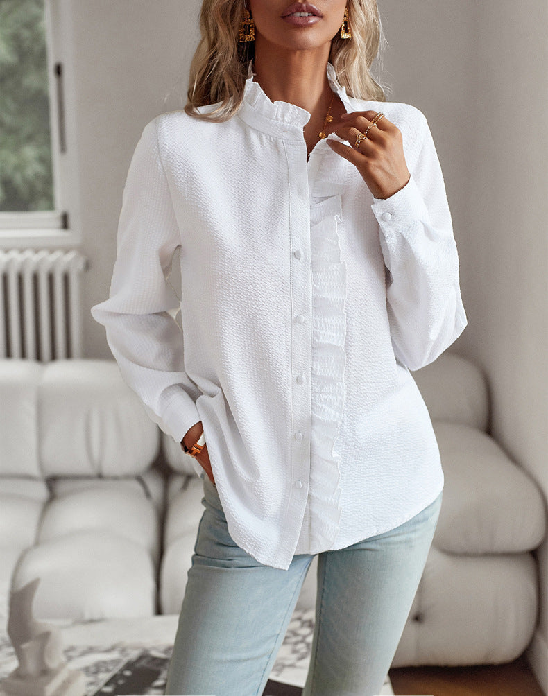 Women's Striped Long Sleeve Ruffle Button Up Shirt - Casual Office Blouse Elegant Top