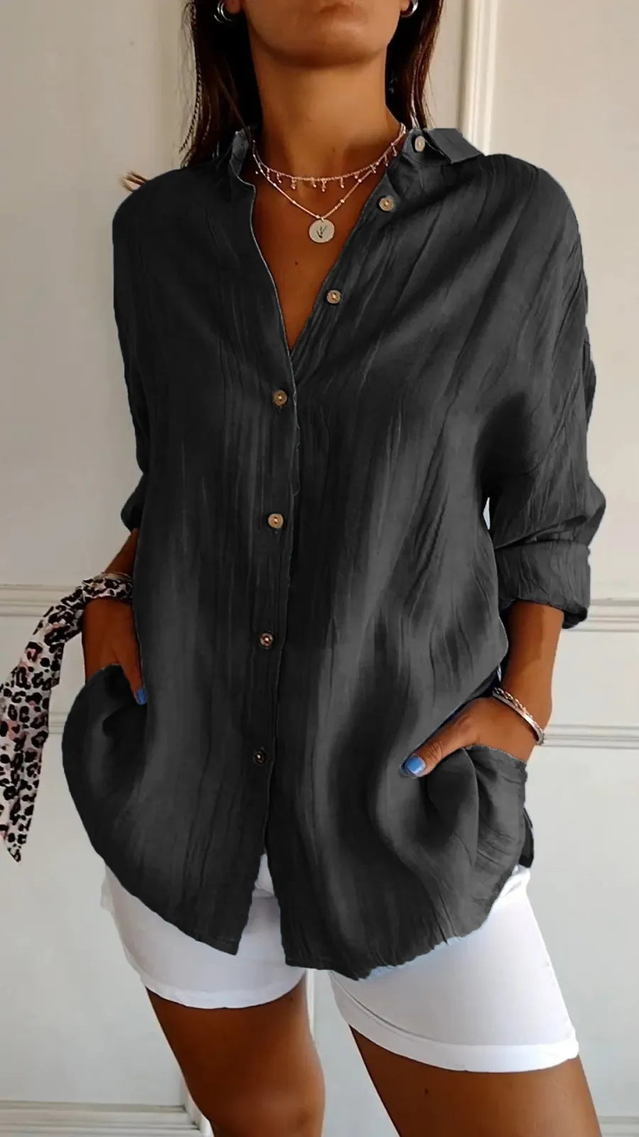 Women's Lapel Long Sleeve Pleated Shirt - Single Breasted Button Down Blouse Casual Elegant Tops