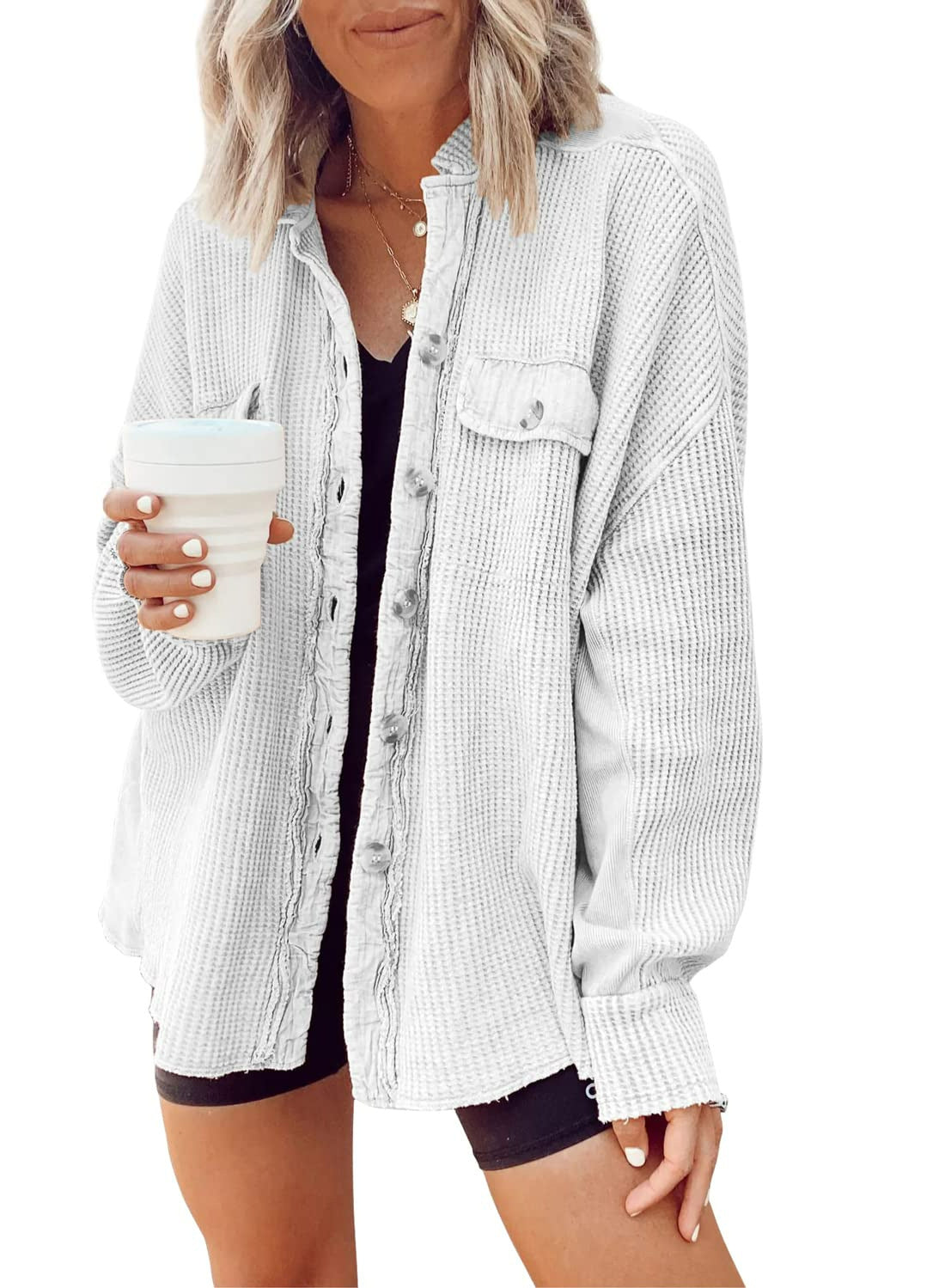 Women's Oversized Button Down Shirt Jacket - Lapel Long Sleeve Blouse Shacket Casual Fashion Top