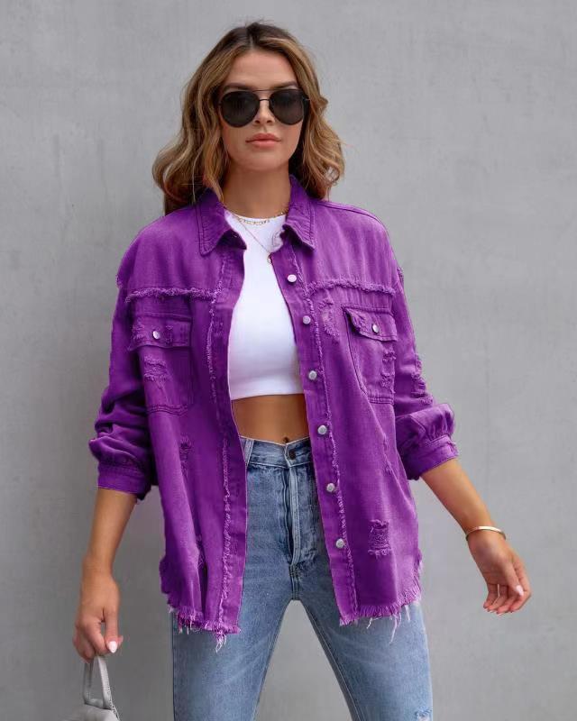 Women's Ripped Shirt Jacket - Lapel Long Sleeve Distressed Denim Shacket Casual Autumn Spring Tops
