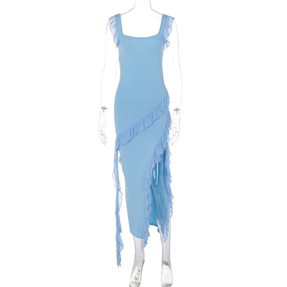 Sexy Ruffle Slit Maxi Dress – Spaghetti Strap Backless Party Dress