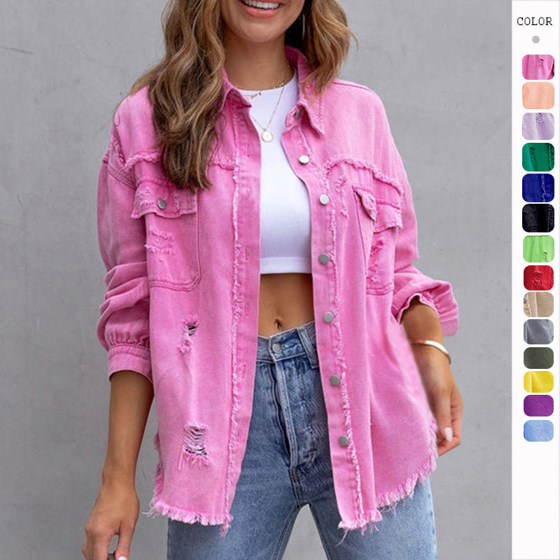 Women's Ripped Shirt Jacket - Lapel Long Sleeve Distressed Denim Shacket Casual Autumn Spring Tops