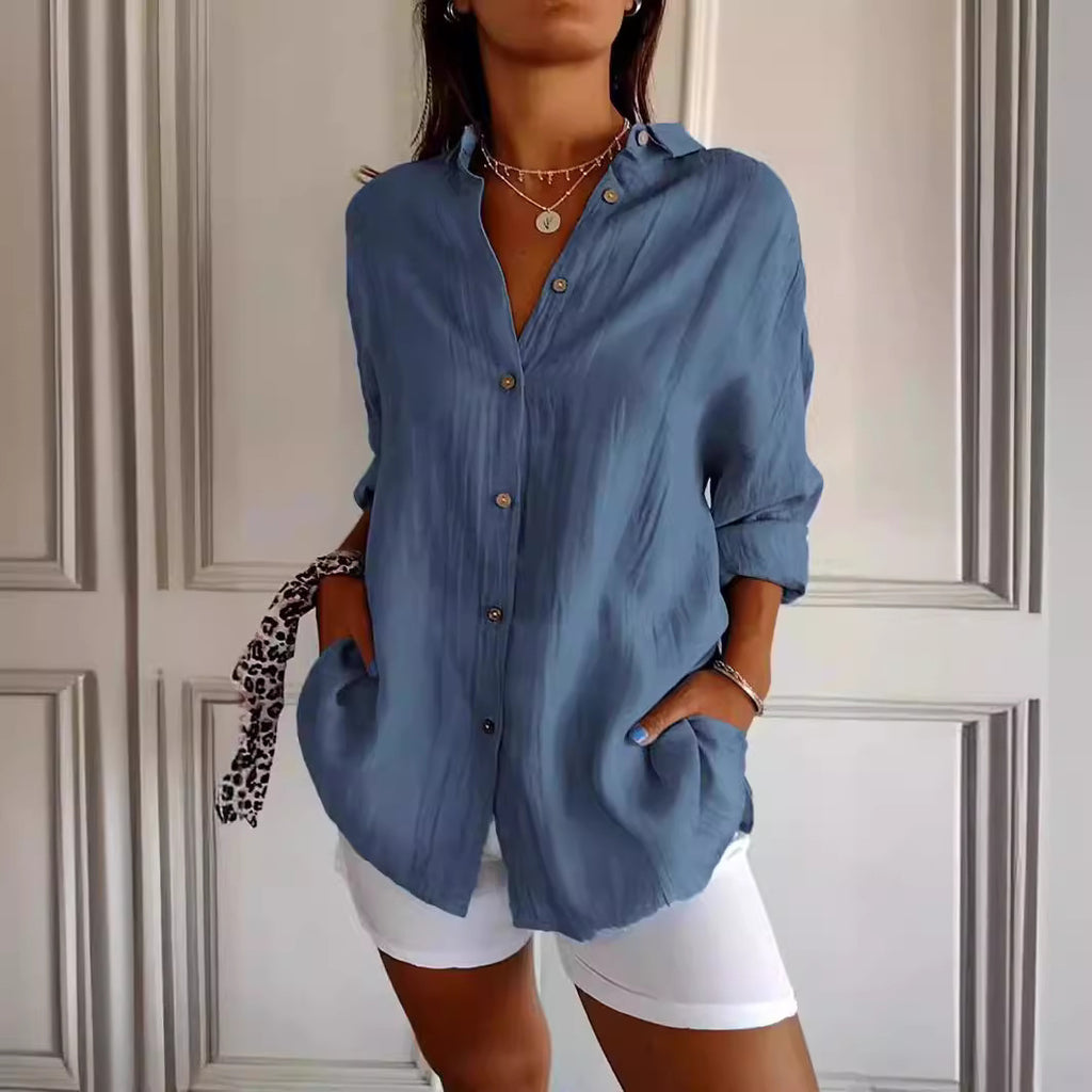 Women's Lapel Long Sleeve Pleated Shirt - Single Breasted Button Down Blouse Casual Elegant Tops