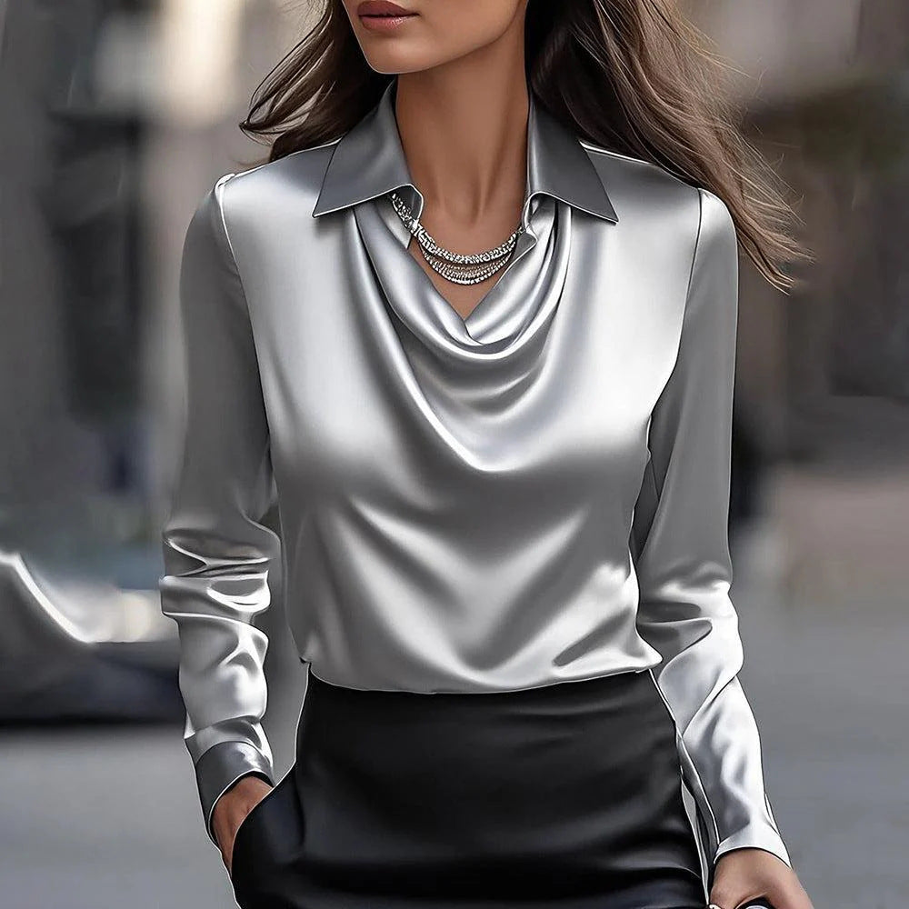 Women's Swing Collar Draped Satin Blouse - Solid Long Sleeve Elegant Office Pullover Top