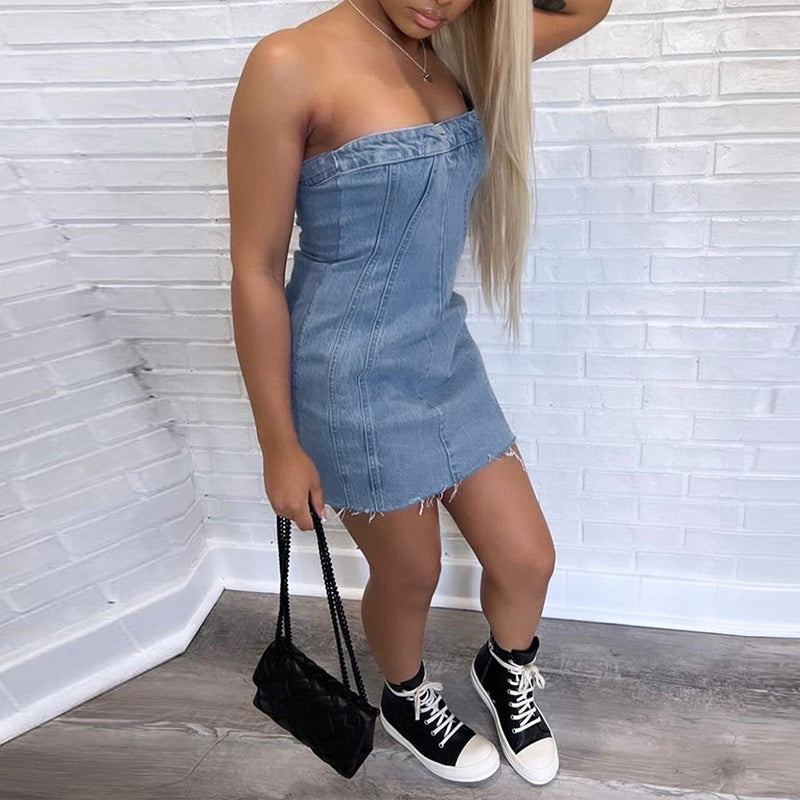 Sexy Strapless Denim Mini Dress – Y2K Backless Summer Dress