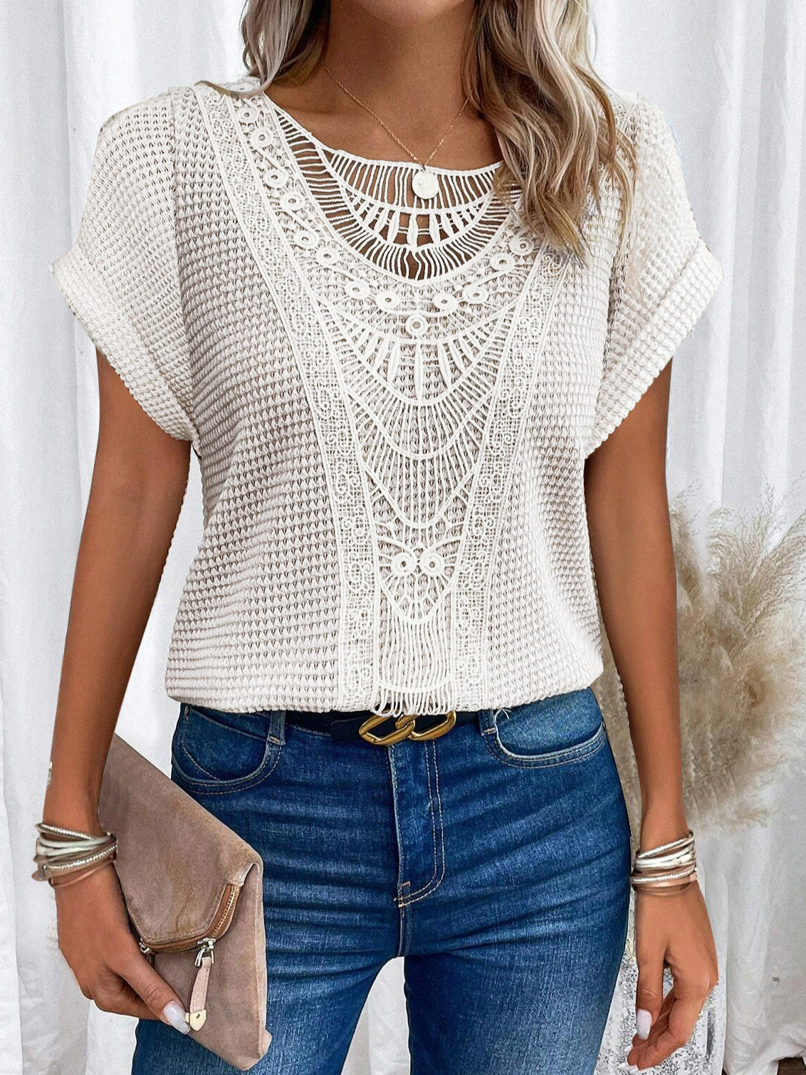 Women's Summer Hollow Out Short Sleeve T-Shirt - Ethnic Style Fashion Top