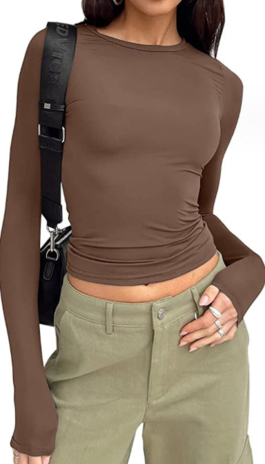 Women's Slim Fit Long Sleeve Pullover Tops - Solid Color Casual Shirt