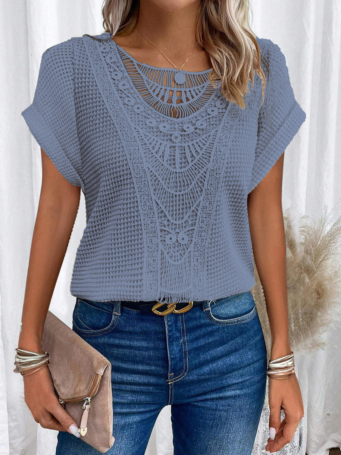 Women's Summer Hollow Out Short Sleeve T-Shirt - Ethnic Style Fashion Top