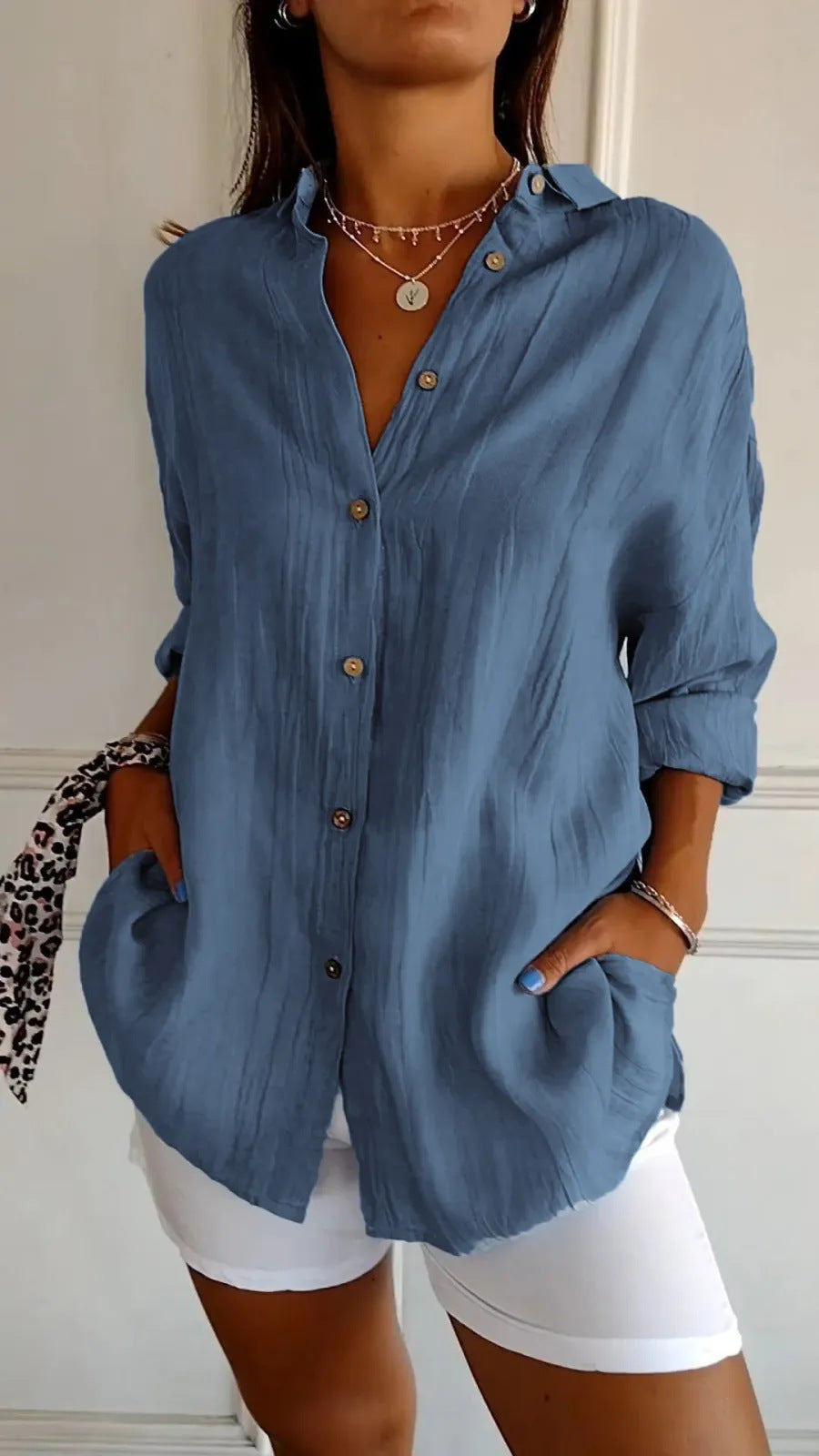 Women's Lapel Long Sleeve Pleated Shirt - Single Breasted Button Down Blouse Casual Elegant Tops