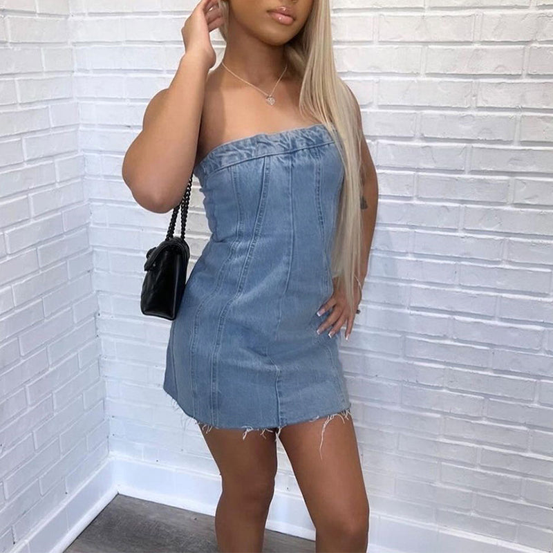 Sexy Strapless Denim Mini Dress – Y2K Backless Summer Dress