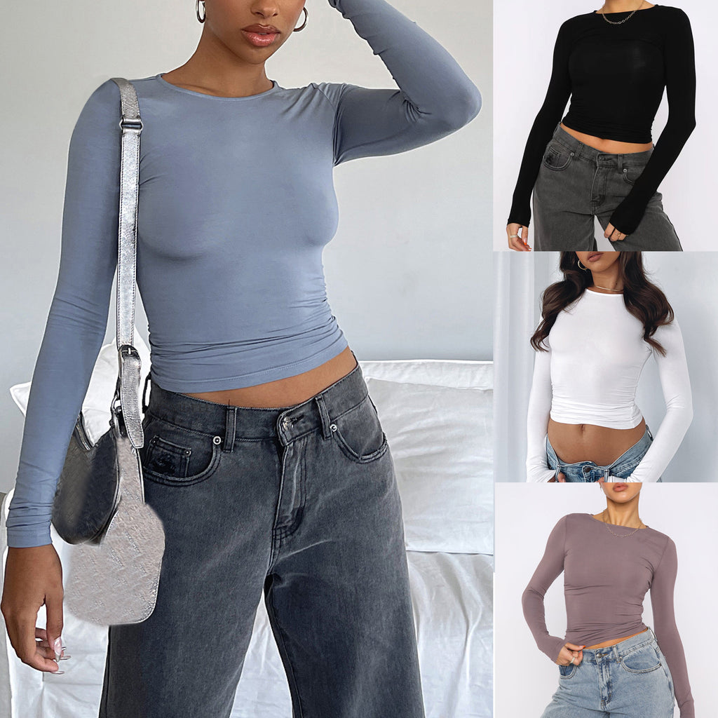 Women's Slim Fit Long Sleeve Pullover Tops - Solid Color Casual Shirt