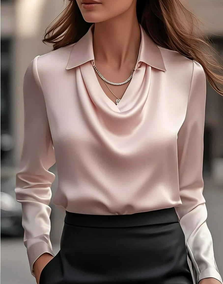 Women's Swing Collar Draped Satin Blouse - Solid Long Sleeve Elegant Office Pullover Top