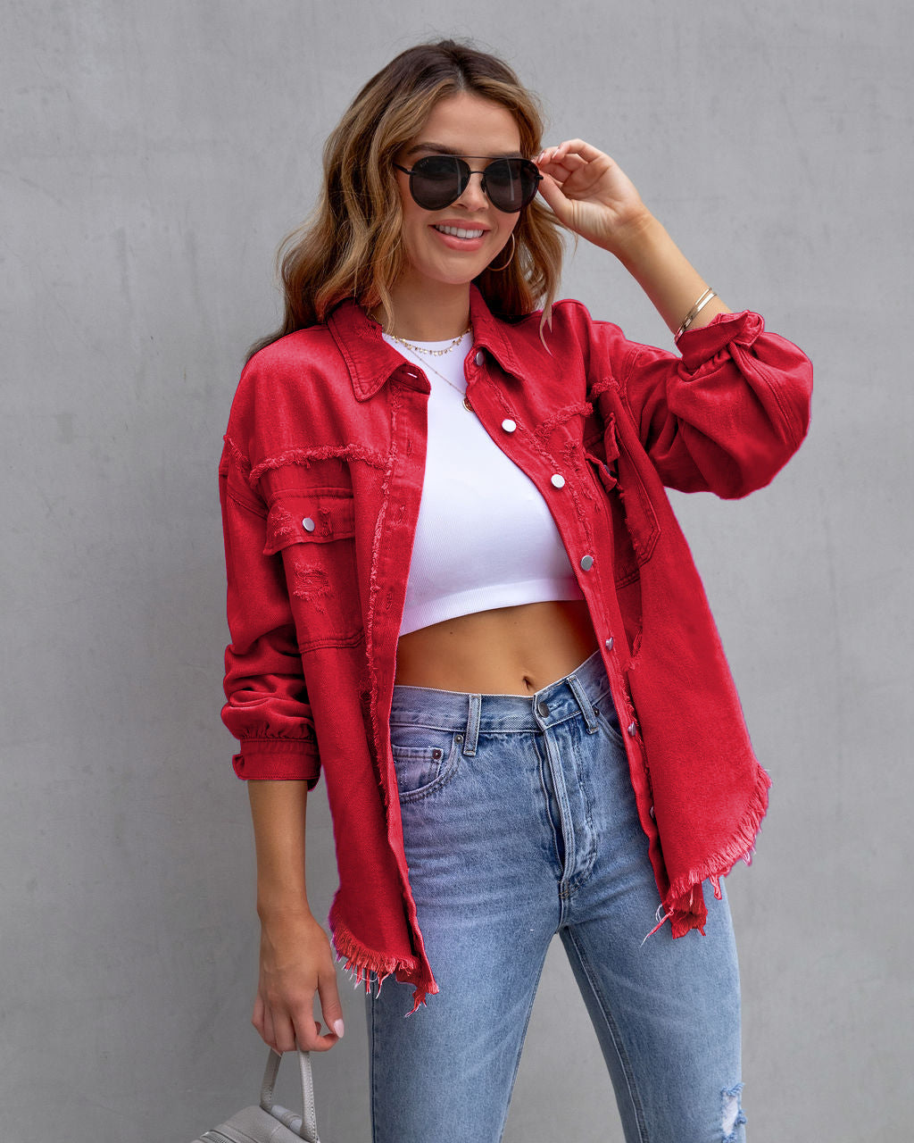 Women's Ripped Shirt Jacket - Lapel Long Sleeve Distressed Denim Shacket Casual Autumn Spring Tops