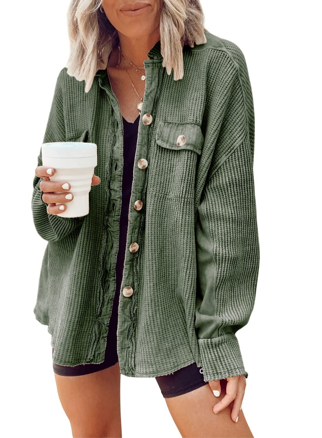 Women's Oversized Button Down Shirt Jacket - Lapel Long Sleeve Blouse Shacket Casual Fashion Top