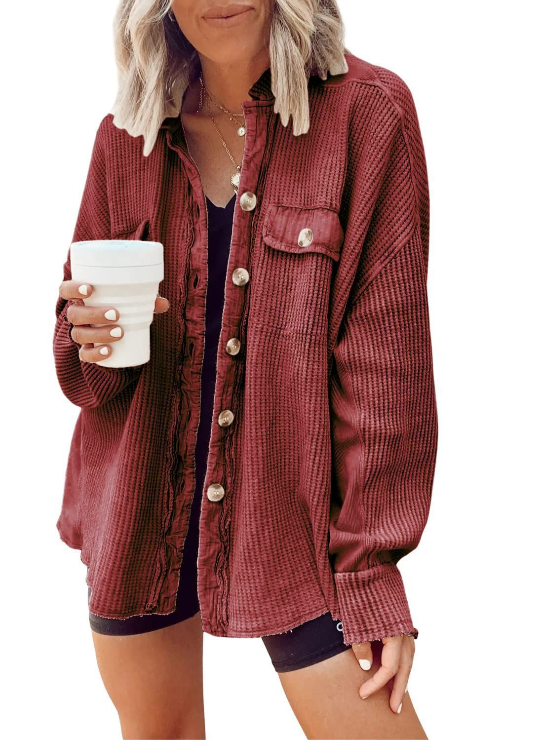 Women's Oversized Button Down Shirt Jacket - Lapel Long Sleeve Blouse Shacket Casual Fashion Top