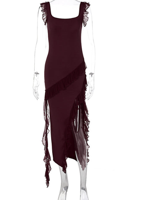 Sexy Ruffle Slit Maxi Dress – Spaghetti Strap Backless Party Dress
