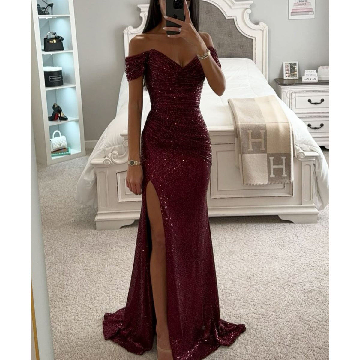 Women's Sequin Off-Shoulder Split Party Dress - Slim Fit Charming Casual Fashion Midi/Mini
