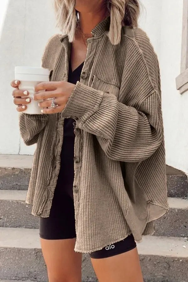 Women's Oversized Button Down Shirt Jacket - Lapel Long Sleeve Blouse Shacket Casual Fashion Top