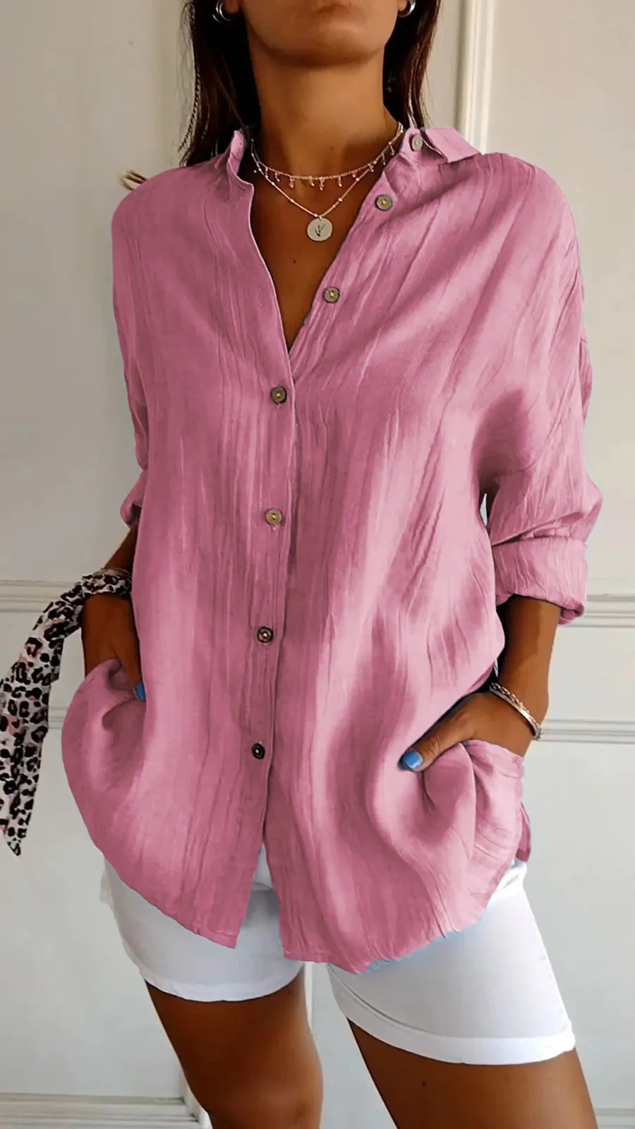 Women's Lapel Long Sleeve Pleated Shirt - Single Breasted Button Down Blouse Casual Elegant Tops