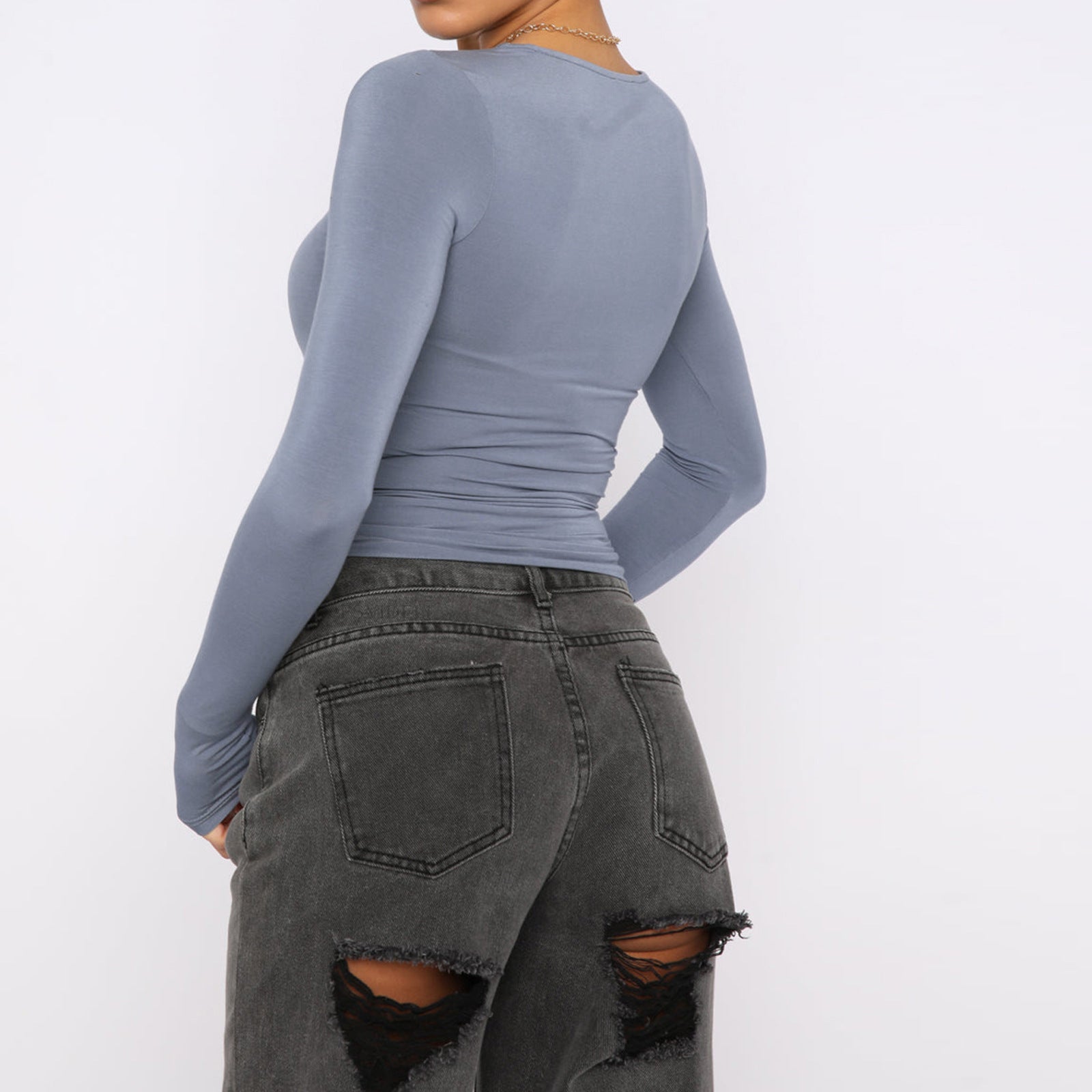 Women's Slim Fit Long Sleeve Pullover Tops - Solid Color Casual Shirt