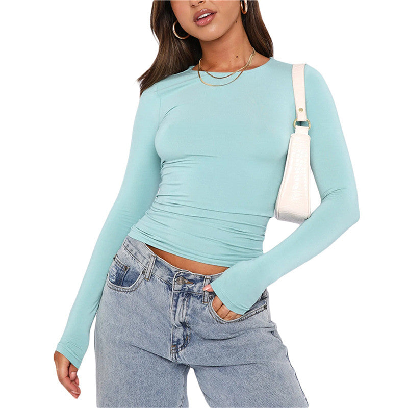 Women's Slim Fit Long Sleeve Pullover Tops - Solid Color Casual Shirt