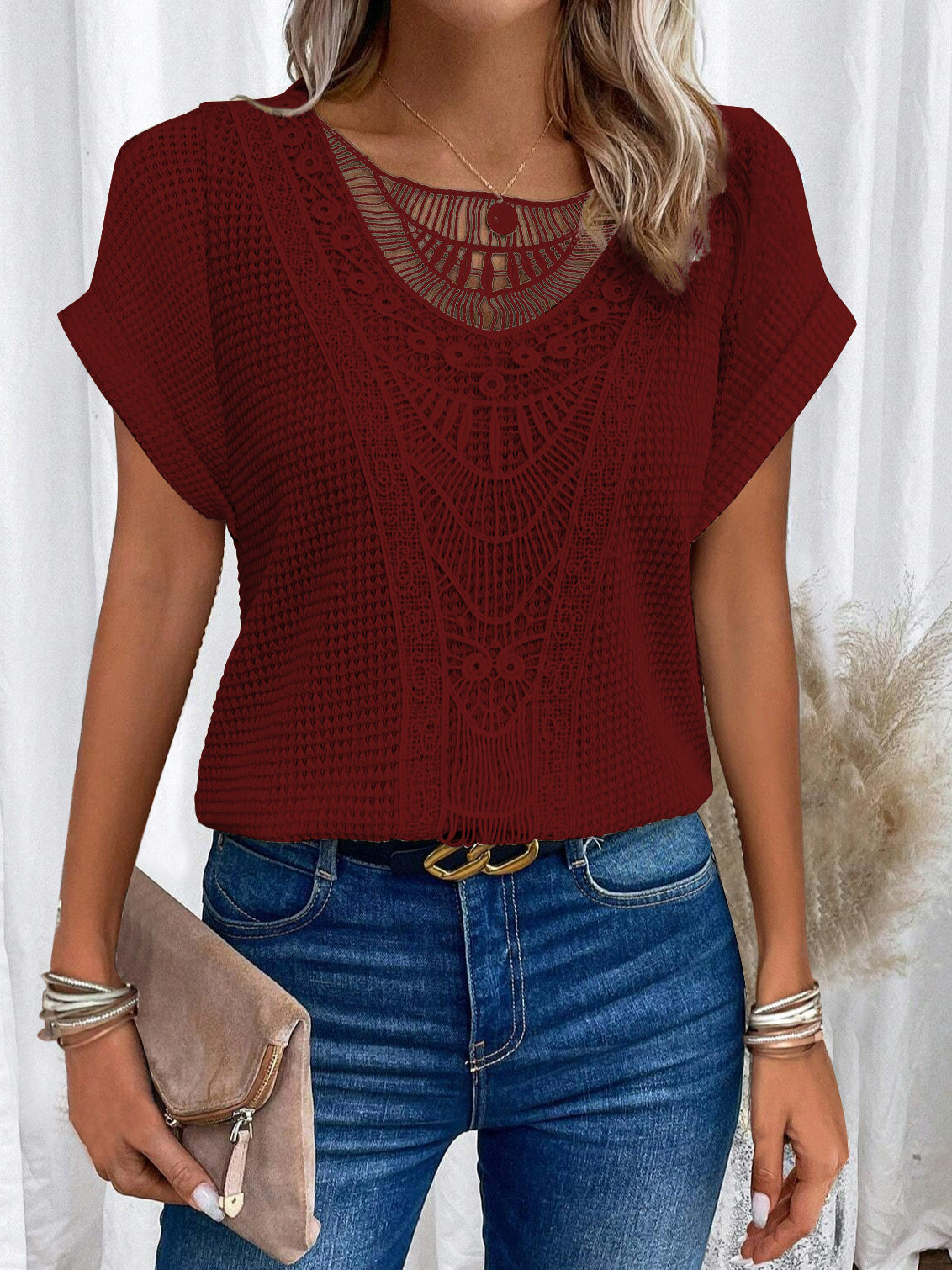 Women's Summer Hollow Out Short Sleeve T-Shirt - Ethnic Style Fashion Top