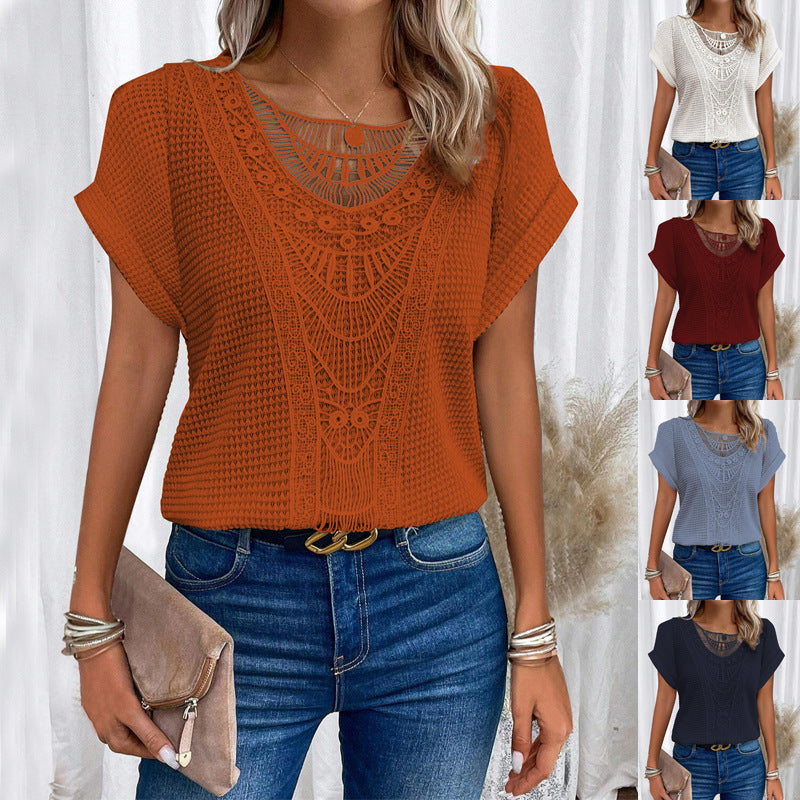 Women's Summer Hollow Out Short Sleeve T-Shirt - Ethnic Style Fashion Top