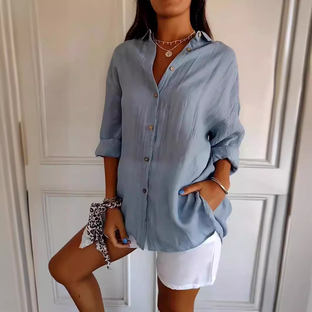 Women's Lapel Long Sleeve Pleated Shirt - Single Breasted Button Down Blouse Casual Elegant Tops