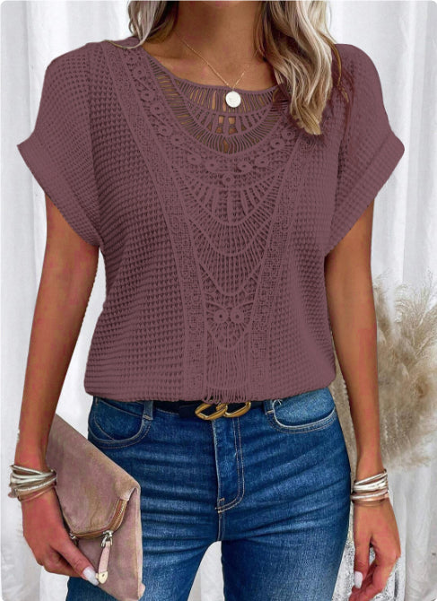 Women's Summer Hollow Out Short Sleeve T-Shirt - Ethnic Style Fashion Top