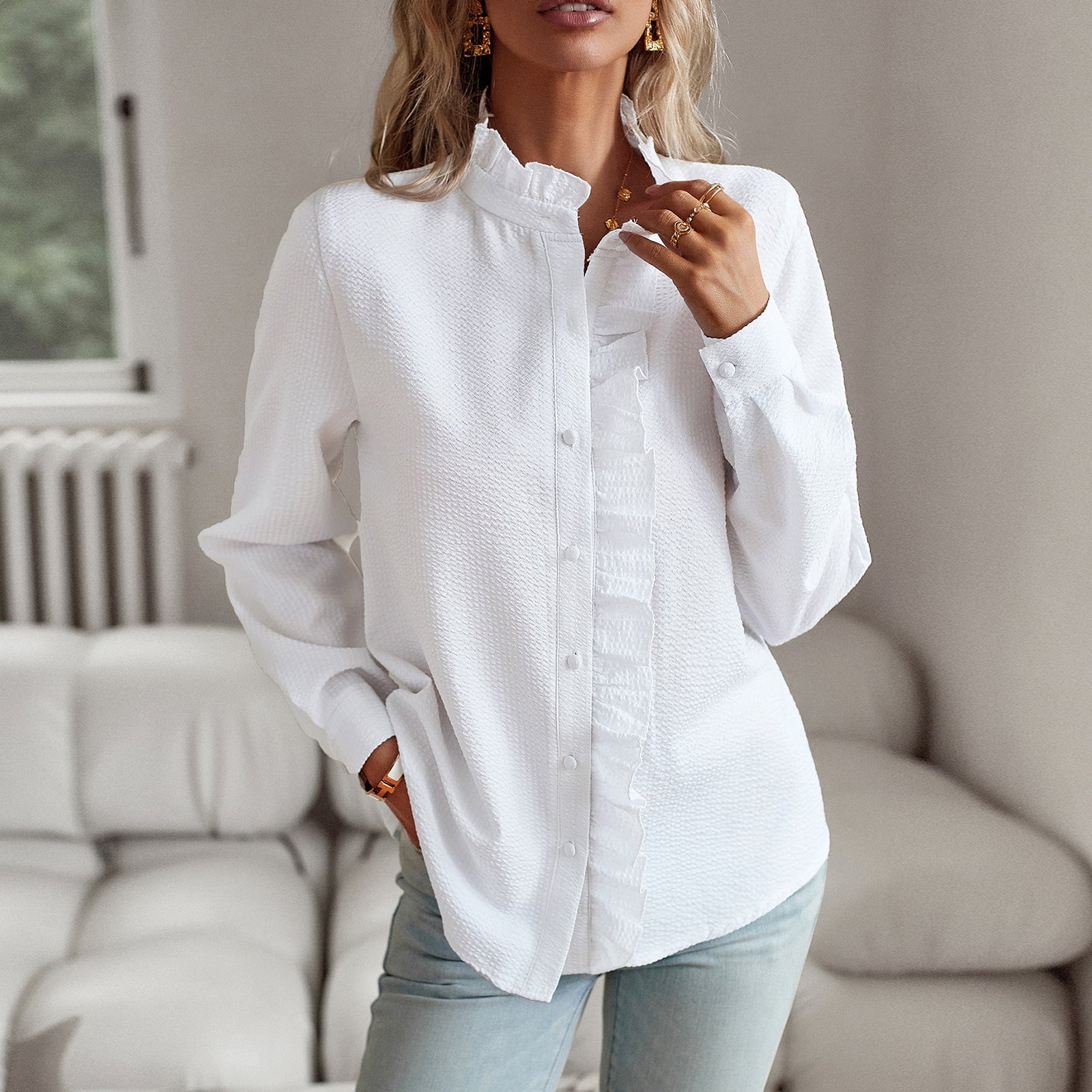 Women's Striped Long Sleeve Ruffle Button Up Shirt - Casual Office Blouse Elegant Top