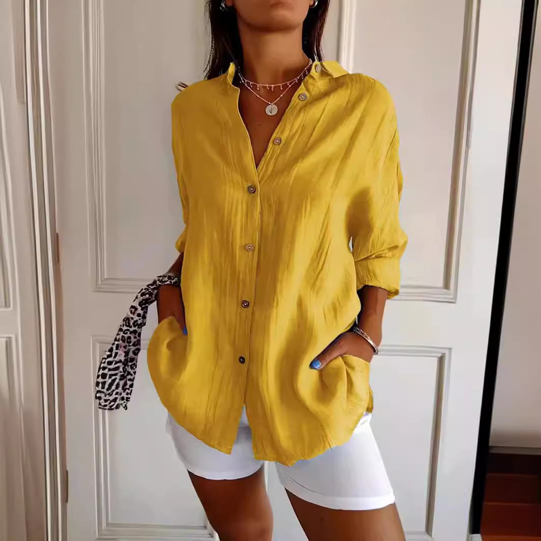 Women's Lapel Long Sleeve Pleated Shirt - Single Breasted Button Down Blouse Casual Elegant Tops