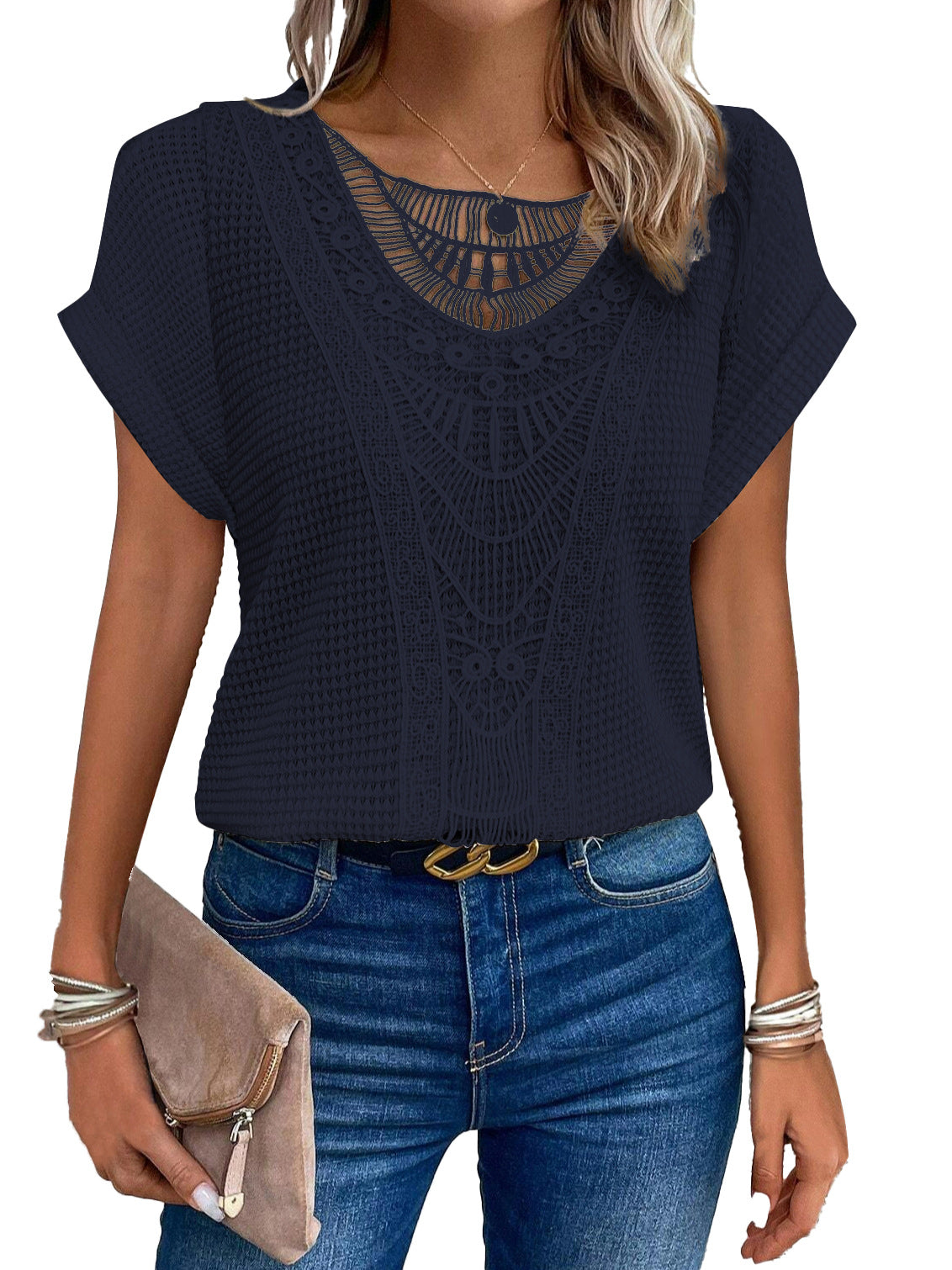 Women's Summer Hollow Out Short Sleeve T-Shirt - Ethnic Style Fashion Top