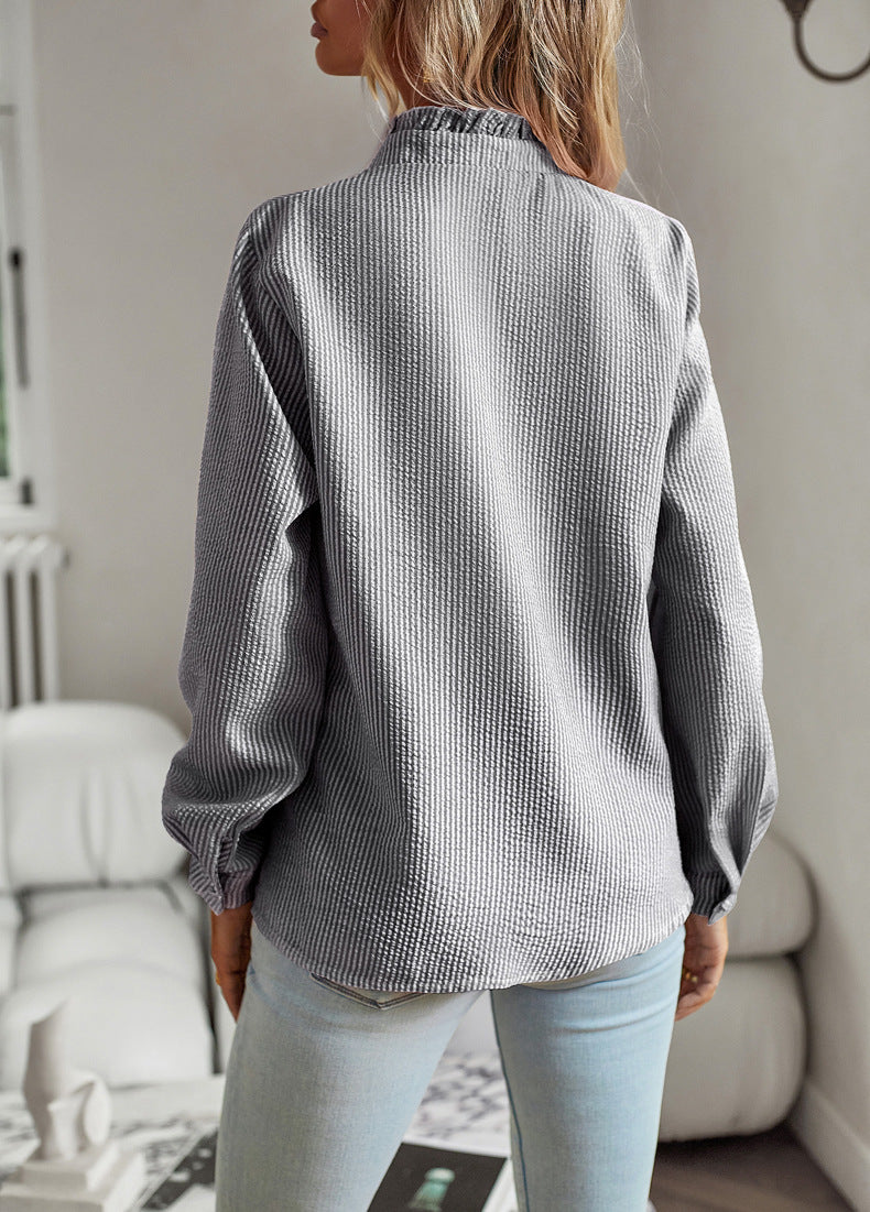 Women's Striped Long Sleeve Ruffle Button Up Shirt - Casual Office Blouse Elegant Top