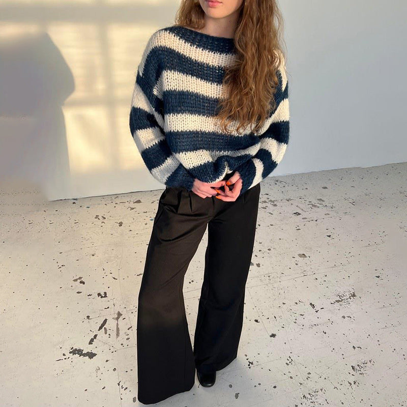 Women's Loose Striped Long Sleeve Pullover Sweater - Versatile Knitted Casual Top