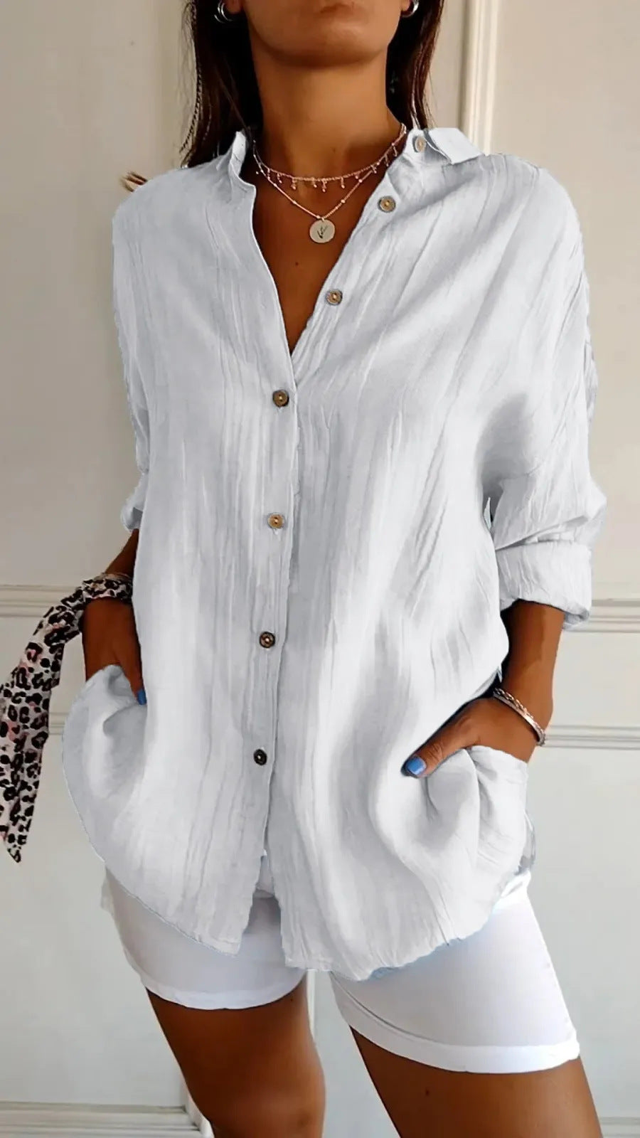 Women's Lapel Long Sleeve Pleated Shirt - Single Breasted Button Down Blouse Casual Elegant Tops